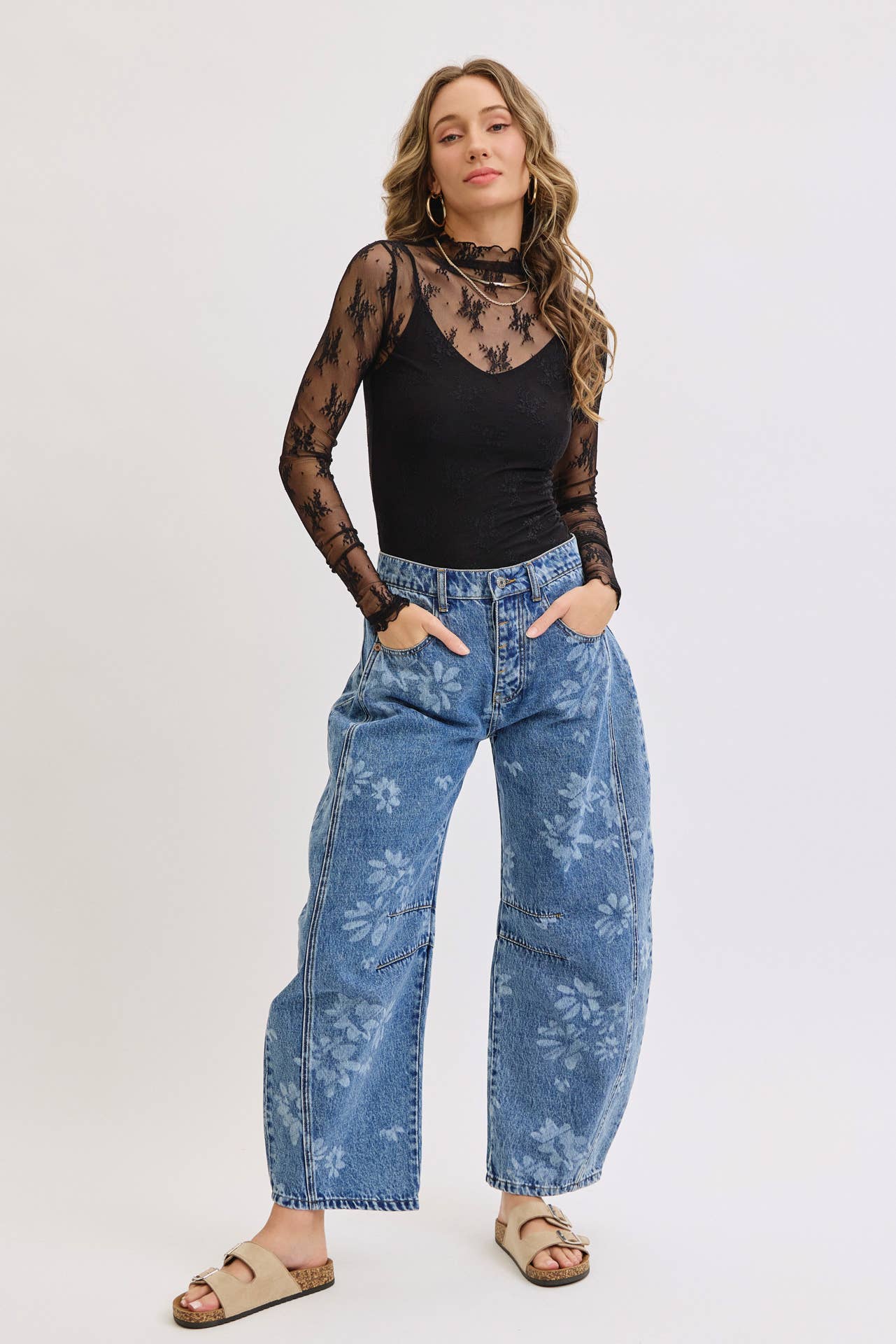 Floral Print Denim Barrell Jeans