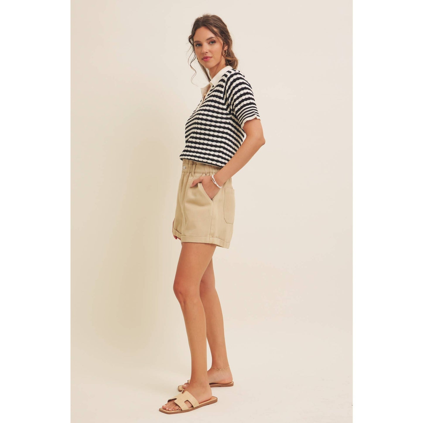 Textured Cotton Split-Neck Short Sleeve Sweater
