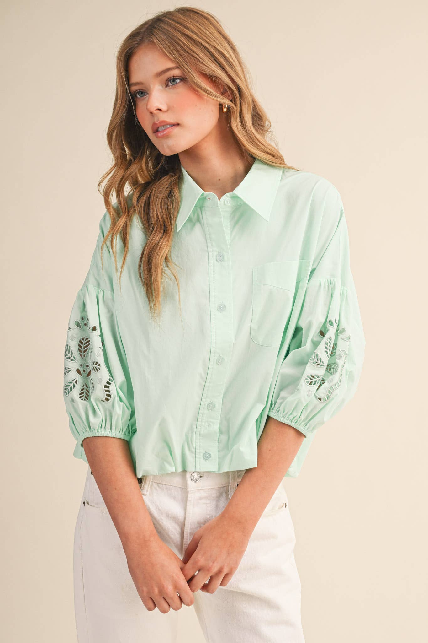 Eyelet Embroidered Bubble Sleeve Top