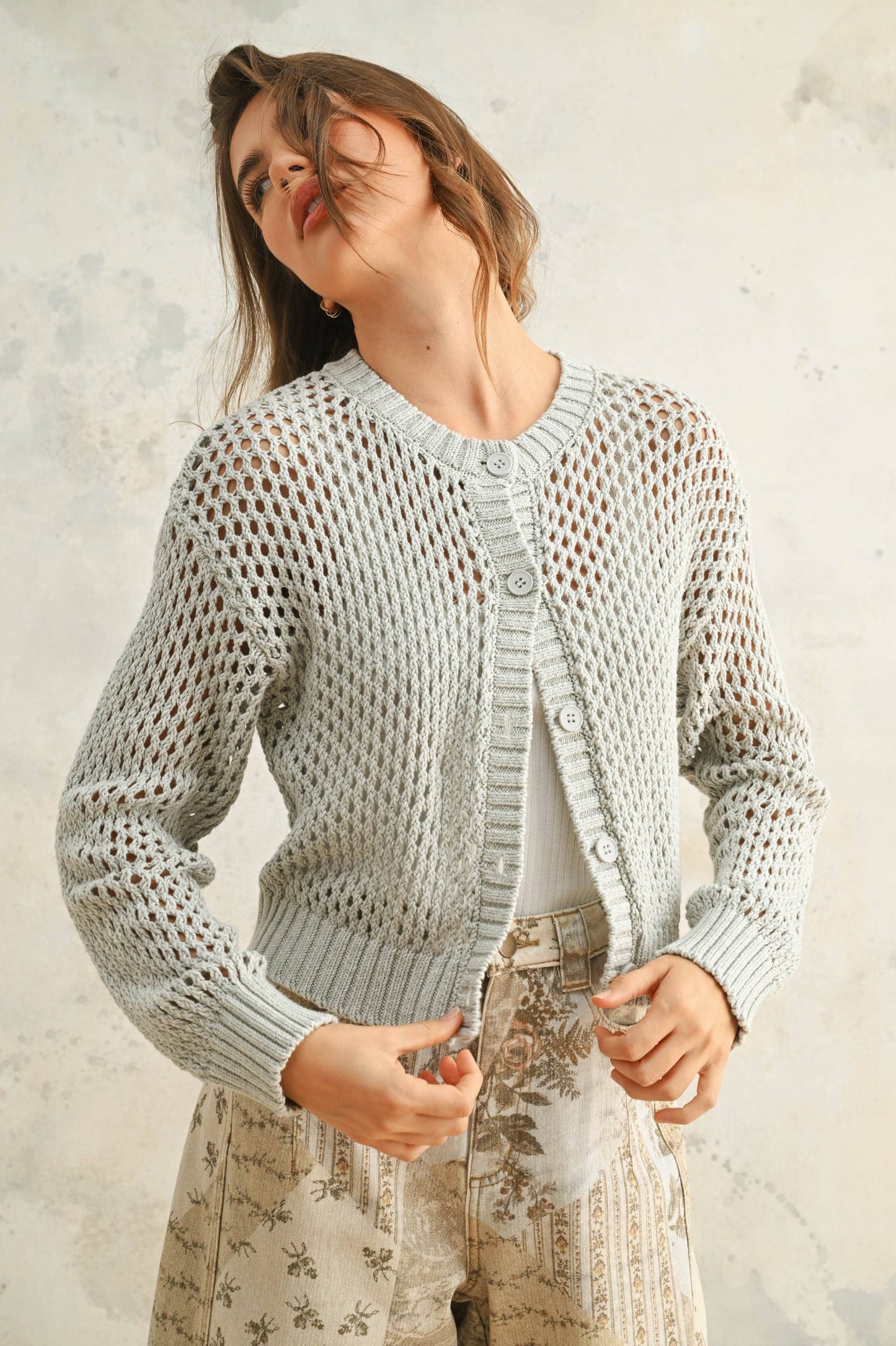 Crochet-Knit Button-Down Cardigan