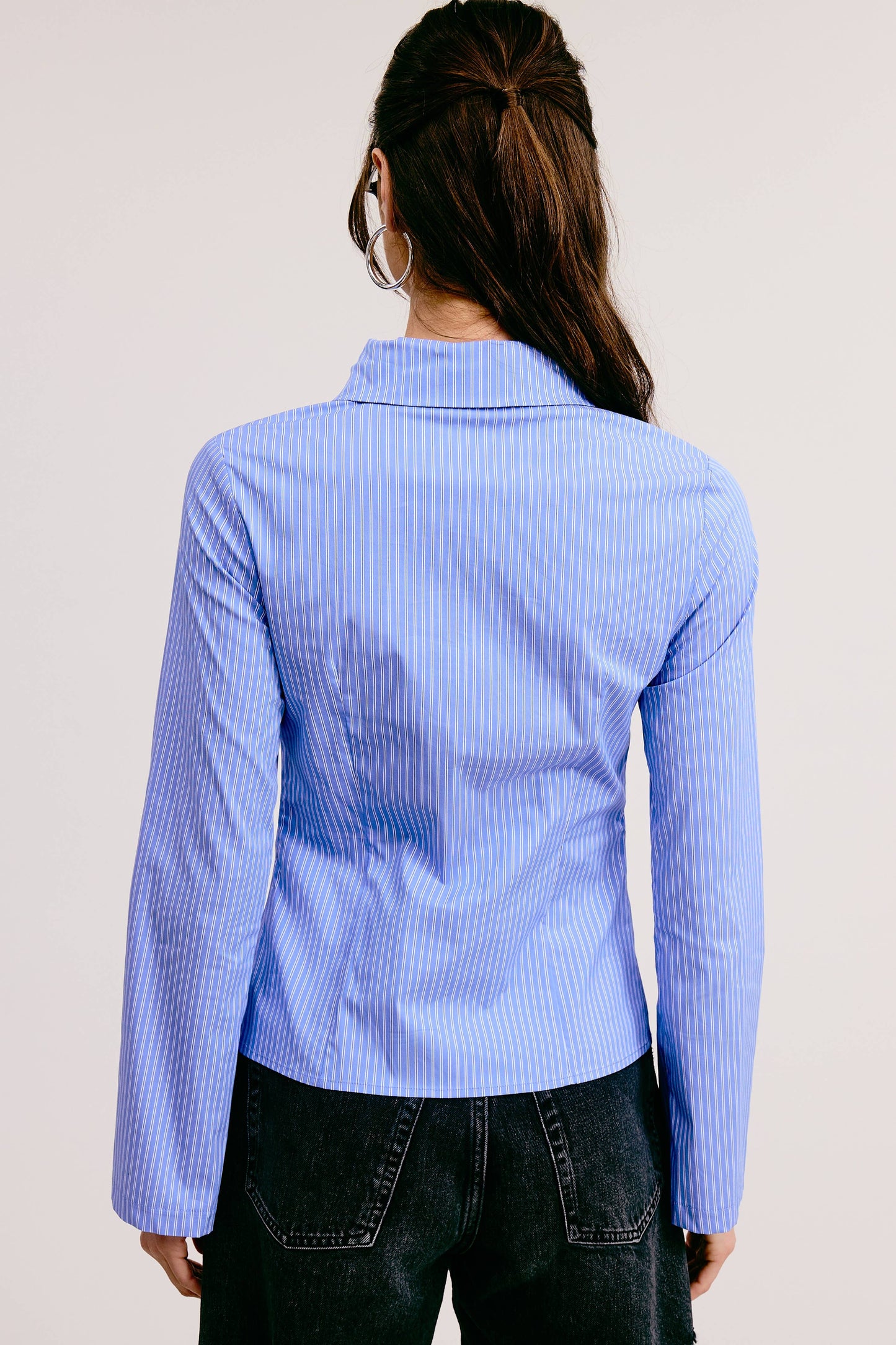 Pinstripe Fitted Button Down Shirt with Flared Sleeves