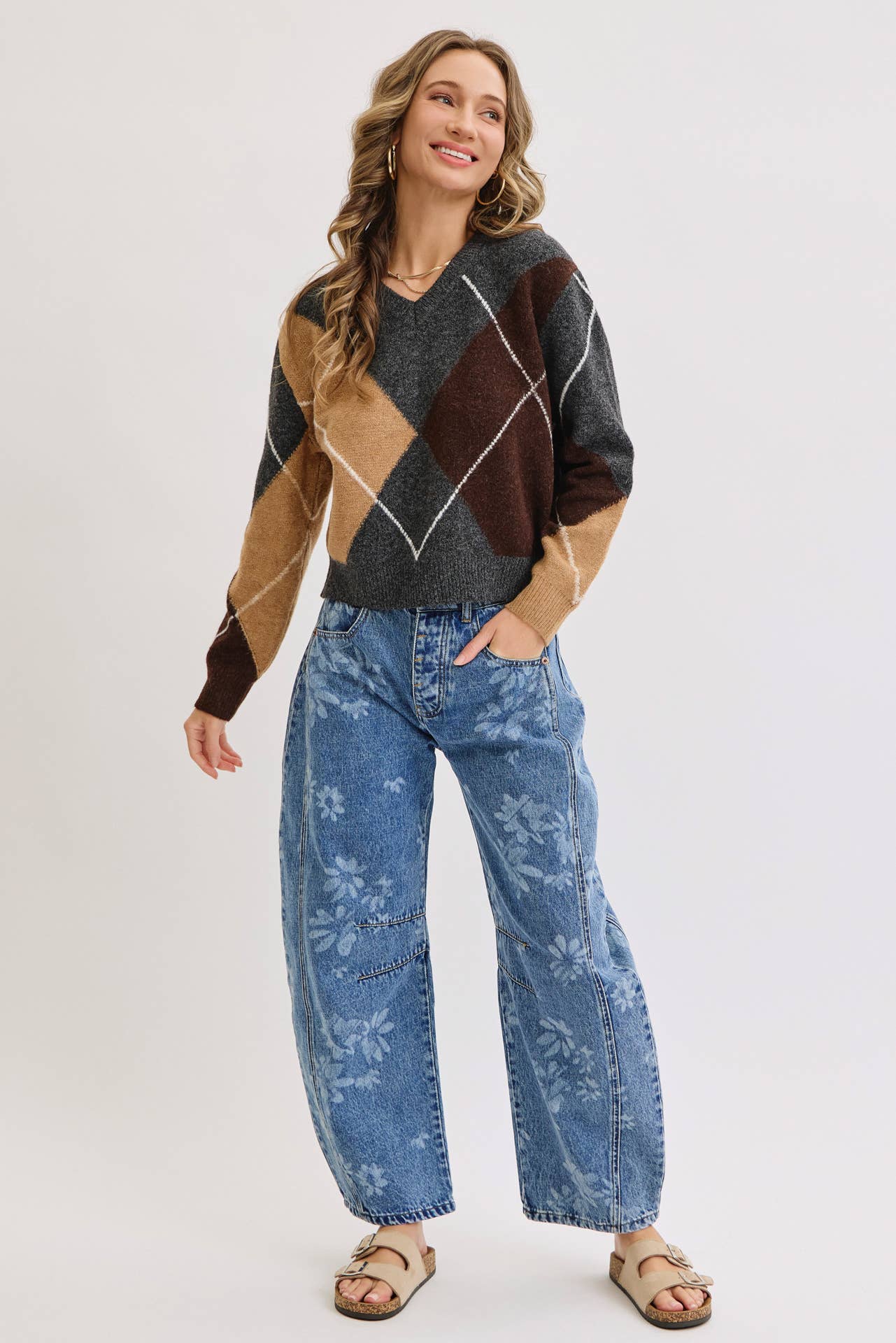 Floral Print Denim Barrell Jeans