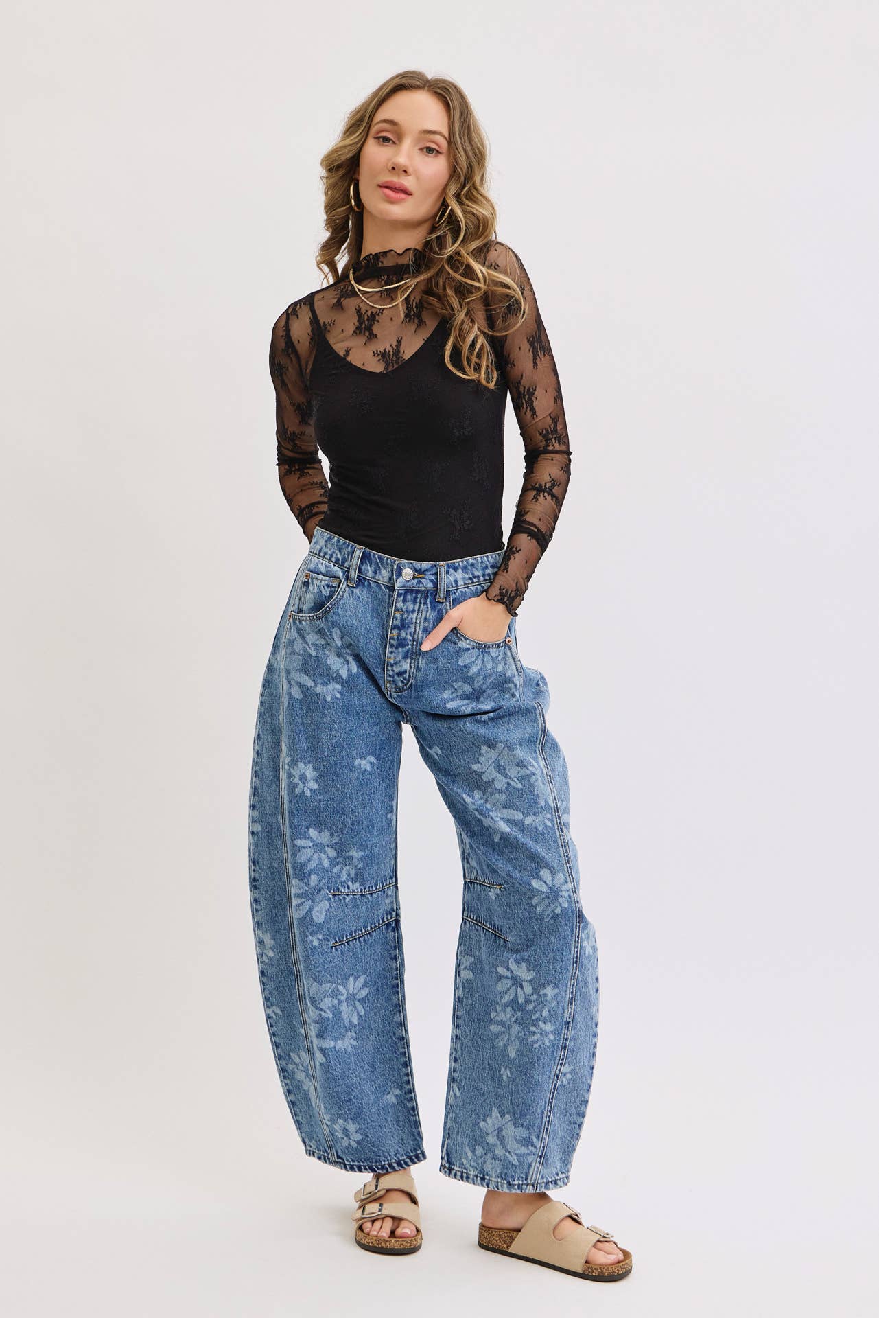 Floral Print Denim Barrell Jeans