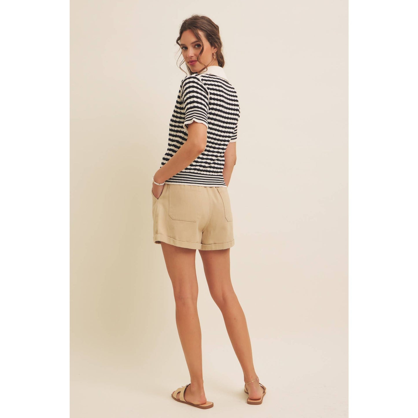 Textured Cotton Split-Neck Short Sleeve Sweater