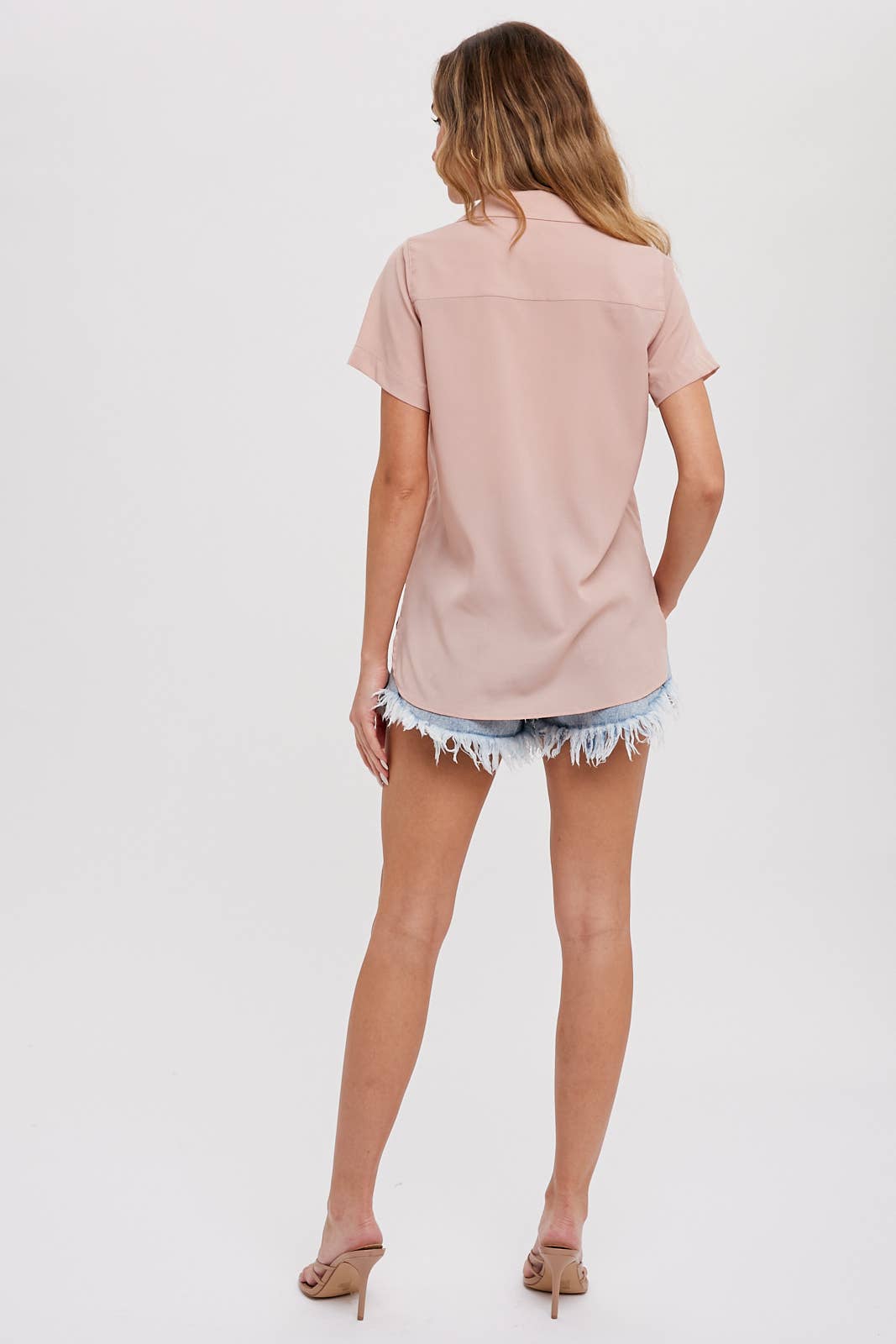 Notch Collar Short Sleeve Button Down Top