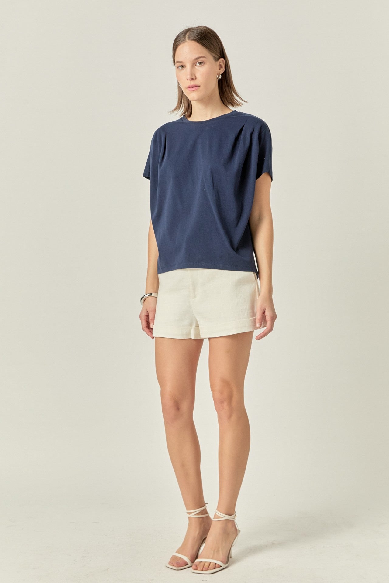 Navy Pleated Shoulder Tee – Effortless Style with a Twist