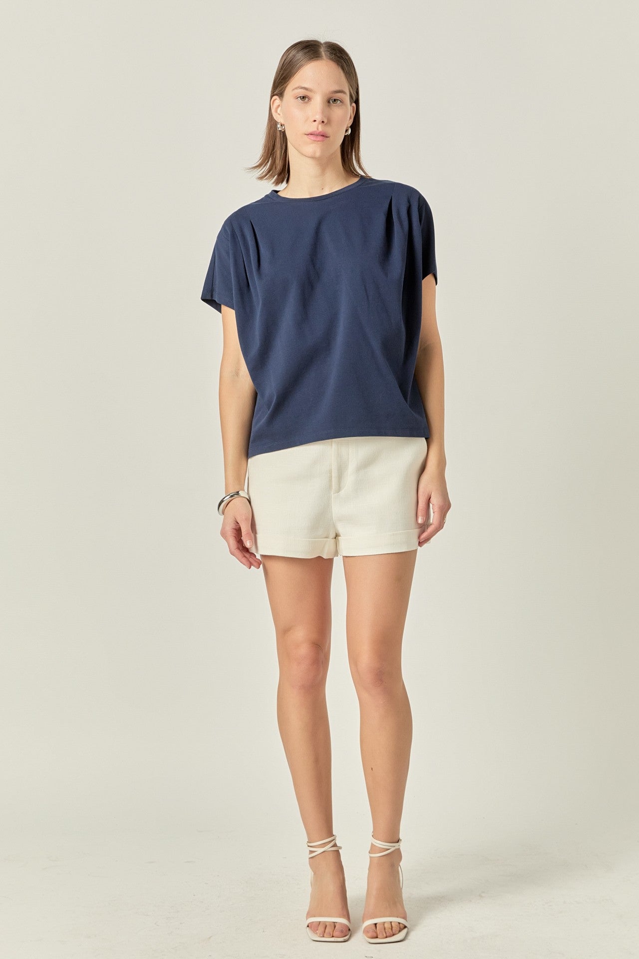 Navy Pleated Shoulder Tee – Effortless Style with a Twist