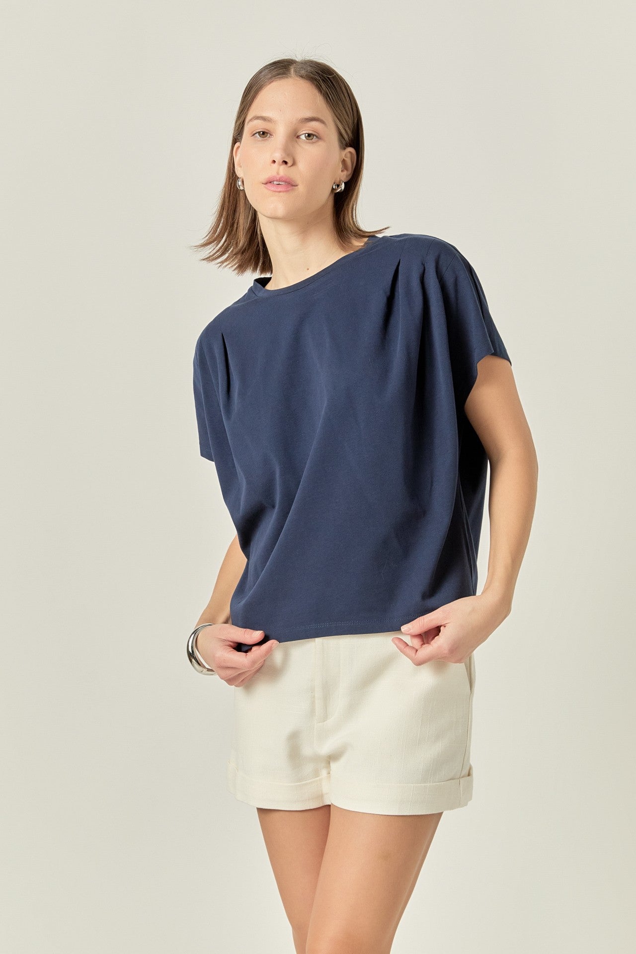 Navy Pleated Shoulder Tee – Effortless Style with a Twist
