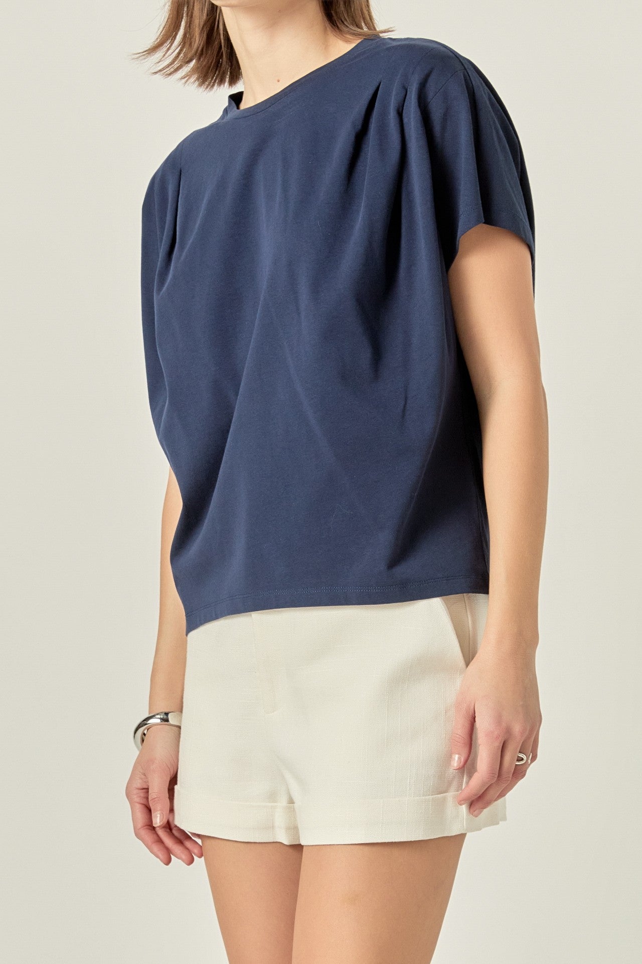 Navy Pleated Shoulder Tee – Effortless Style with a Twist