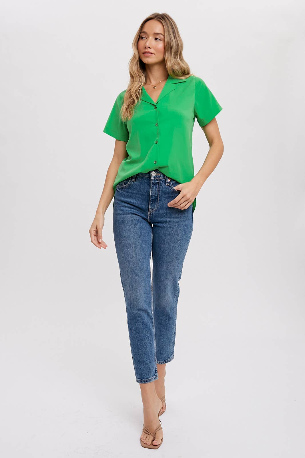 Notch Collar Short Sleeve Button Down Top