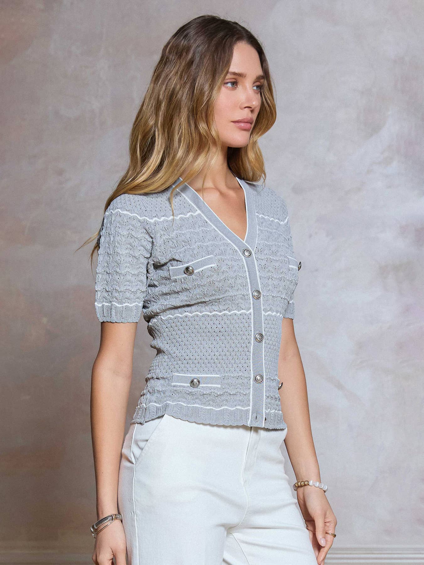 Striped Knit V-neck Short Sleeve Cardigan