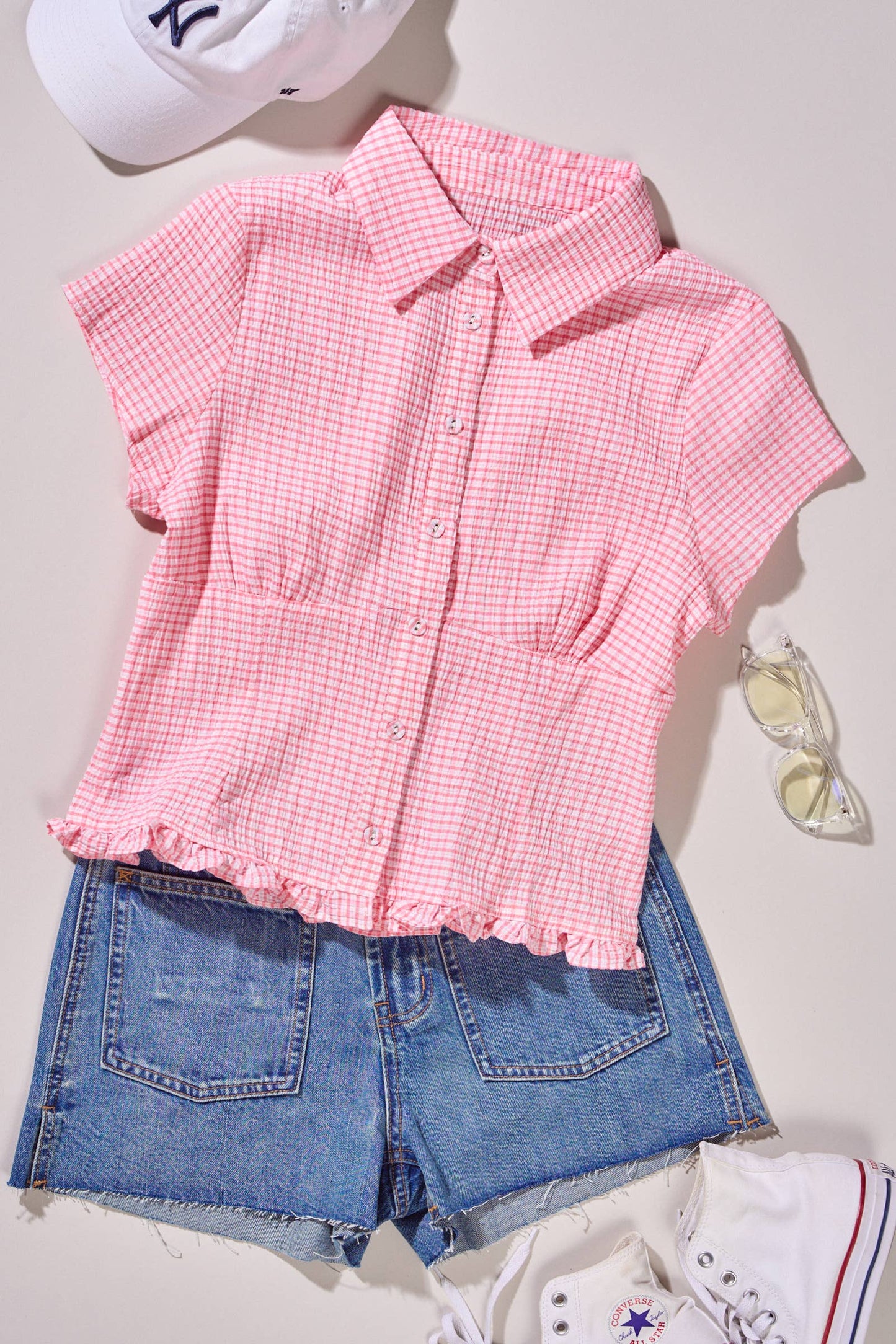 Crinkle Gingham Short Sleeve Peplum Blouse