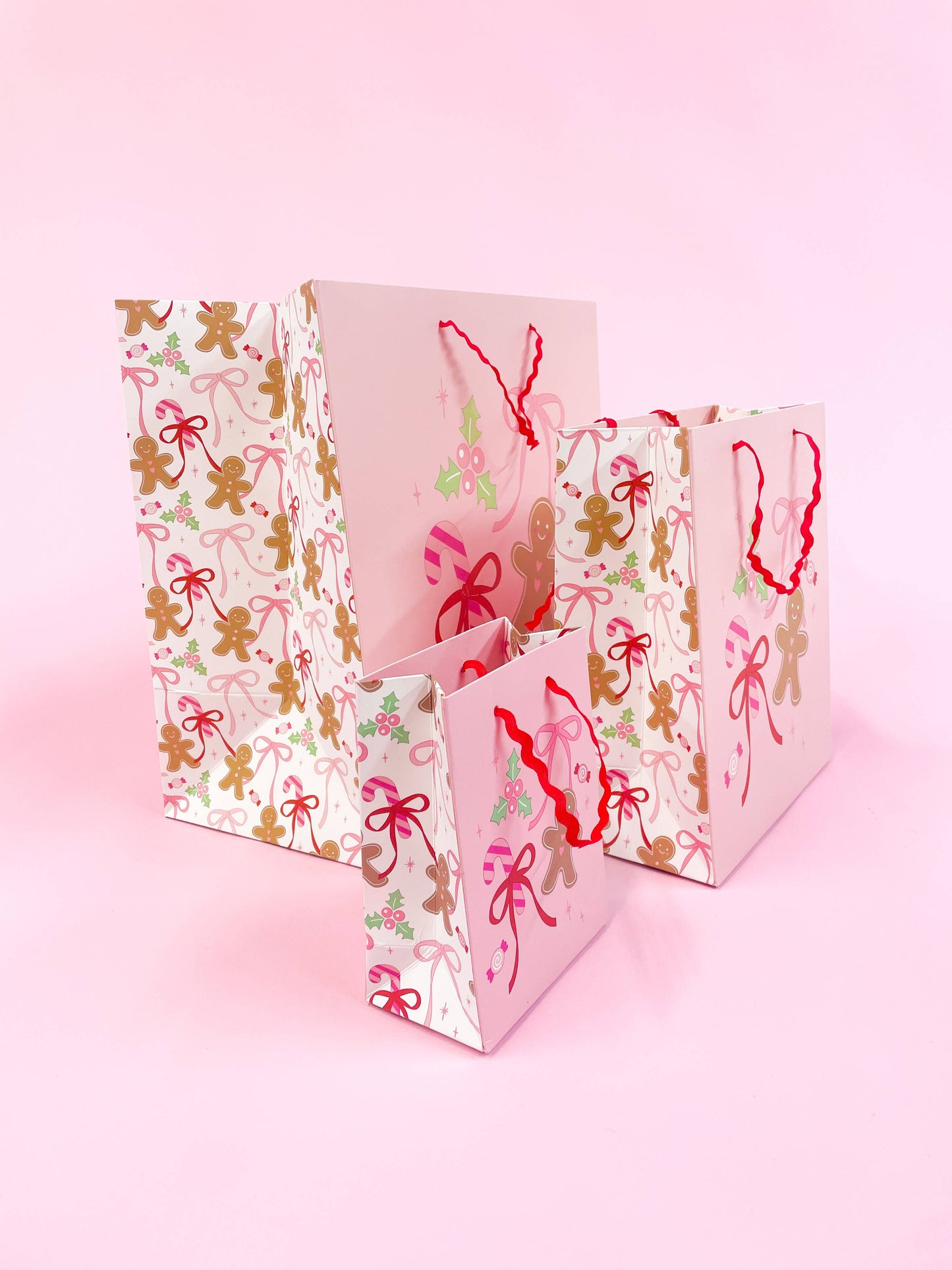 Pink Christmas Gingerbread Bows Gift Bag with Tag - 3 sizes
