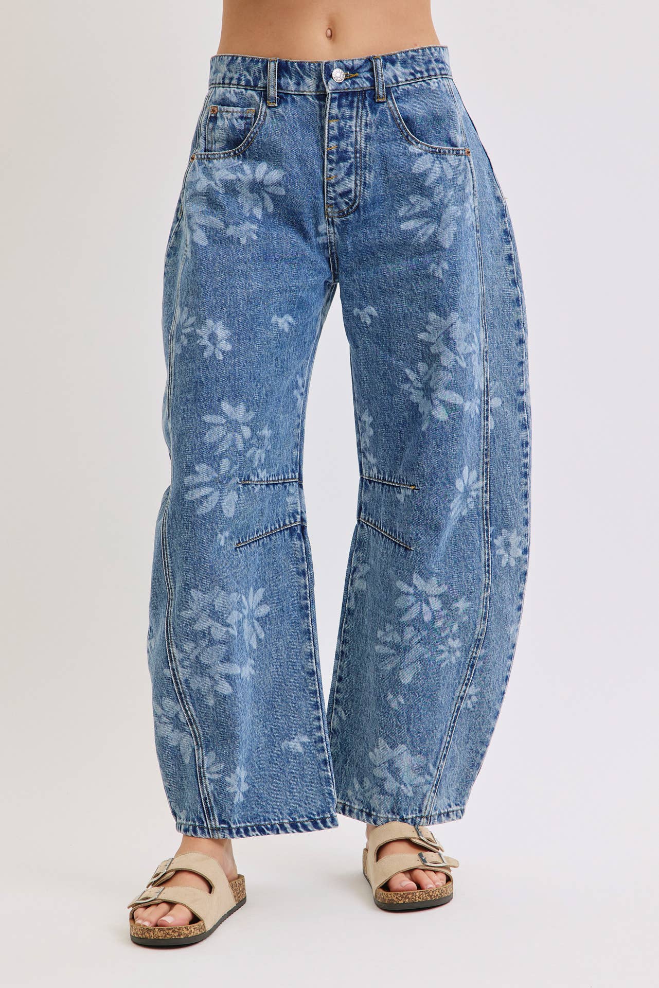 Floral Print Denim Barrell Jeans