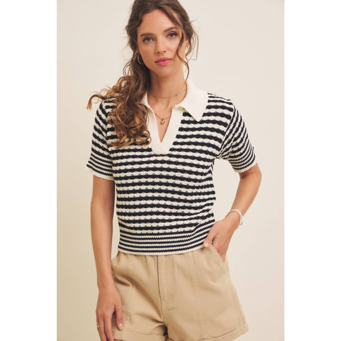 Textured Cotton Split-Neck Short Sleeve Sweater