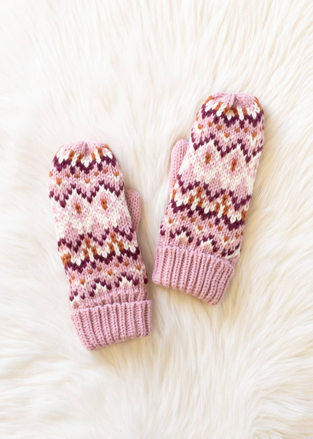 Pink, Ivory & Rust Patterned Mittens
