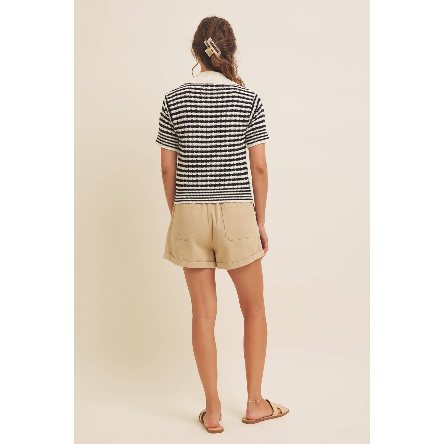 Textured Cotton Split-Neck Short Sleeve Sweater