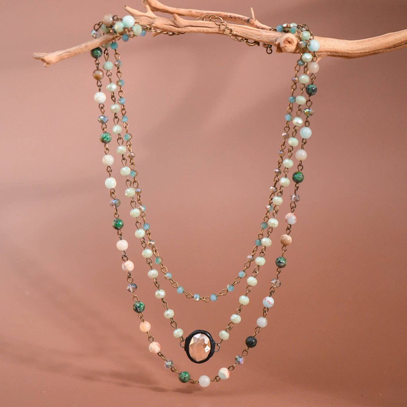 Triple Layered Mixed Glass Bead and Stone Necklace - Aqua