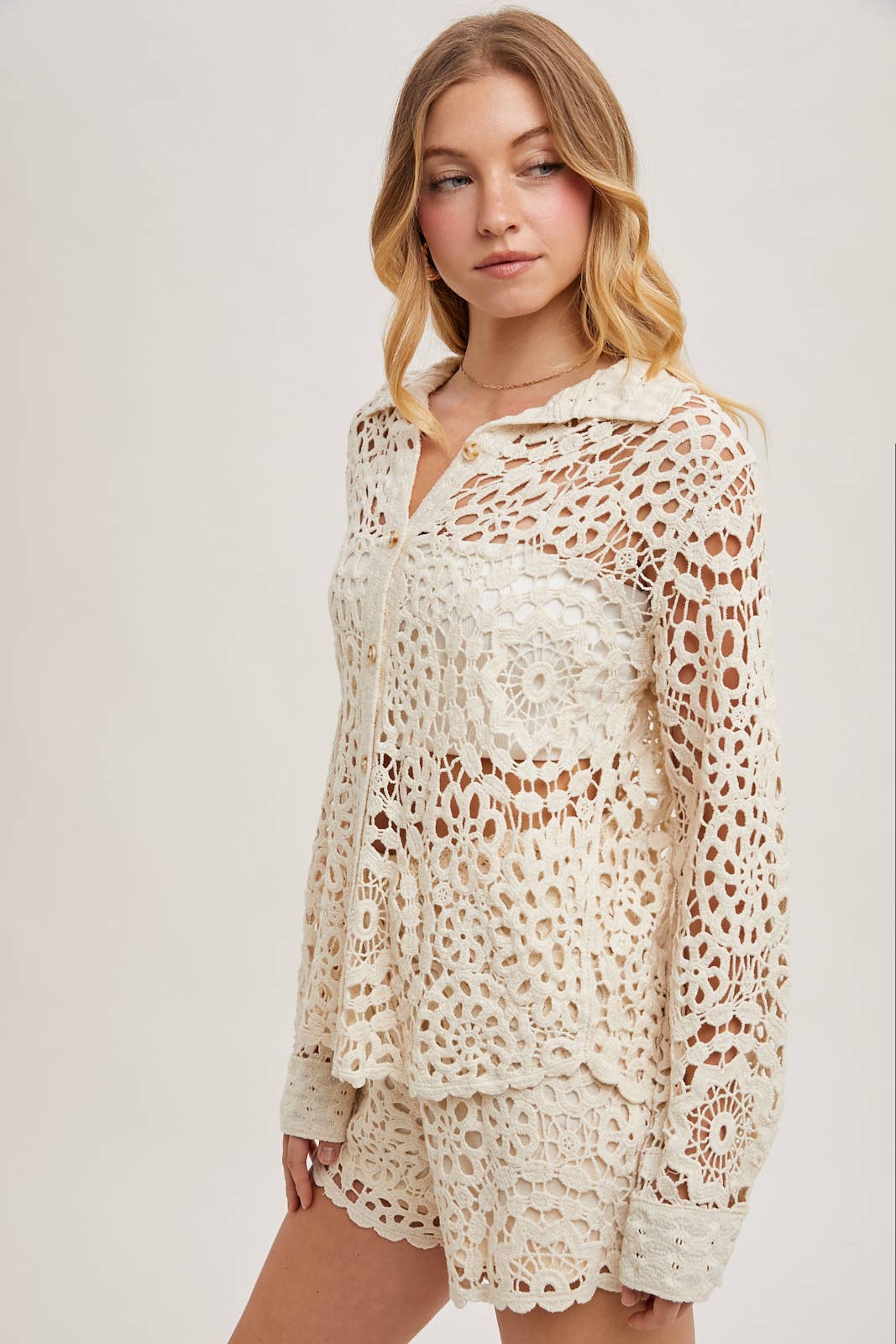 Super Soft Boho Crochet Button Down Shirt