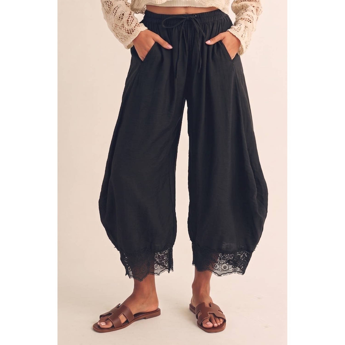 Black Boho Lace Trim Barrel Balloon Pants