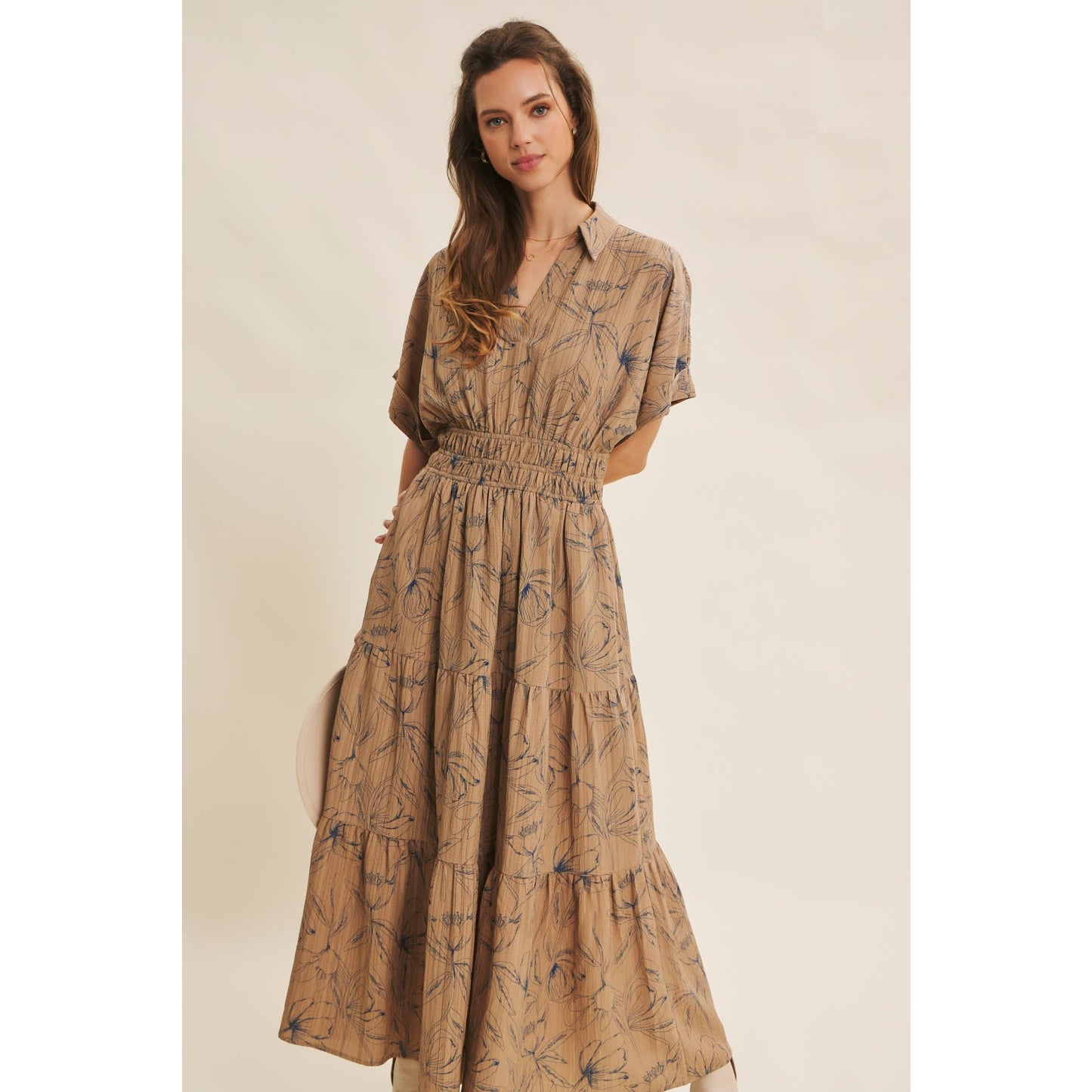 VINTAGE INSPIRED TEXTURED FLORAL MAXI DRESS WITH DOLMAN SLVS