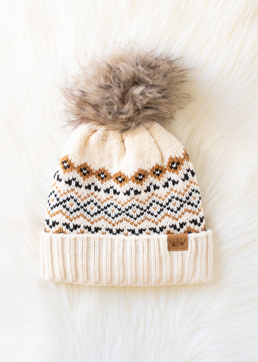 Cream, Black & Camel Patterned Pom Hat
