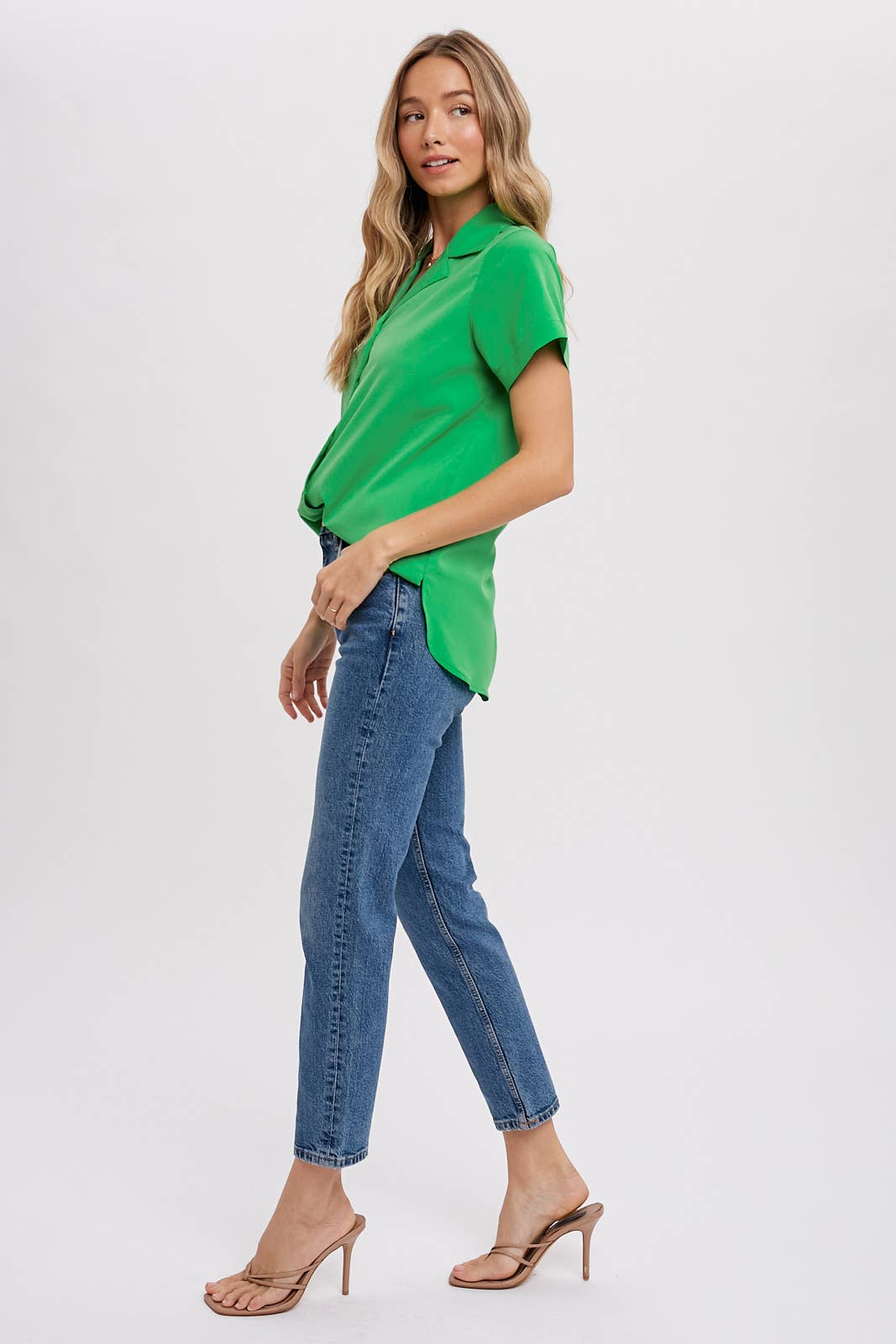 Notch Collar Short Sleeve Button Down Top