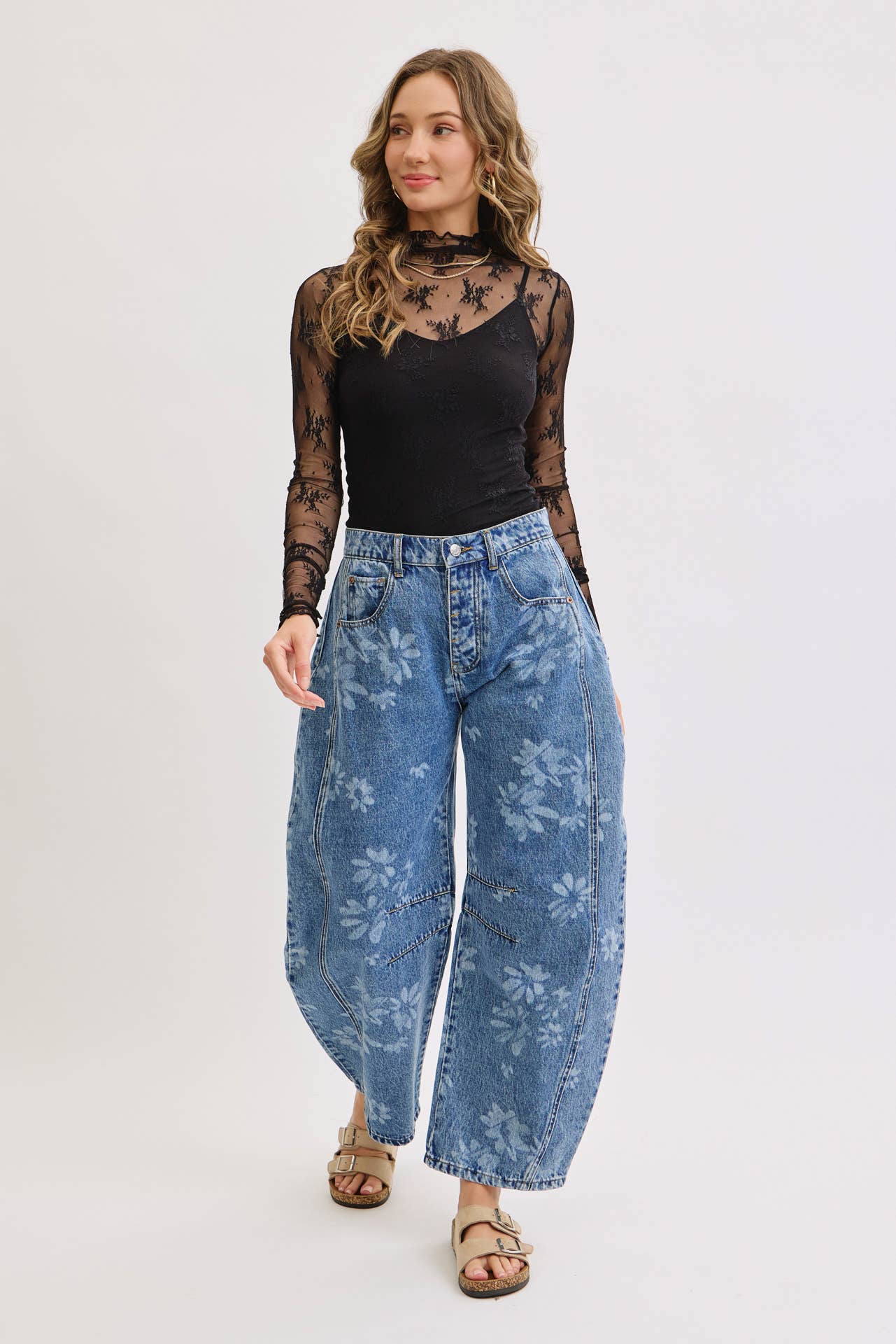 Floral Print Denim Barrell Jeans