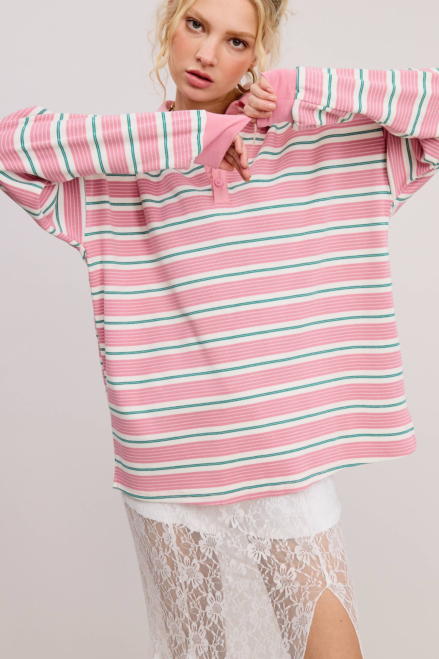 Multicolor Stripe Oversized Long Sleeve Polo Shirt