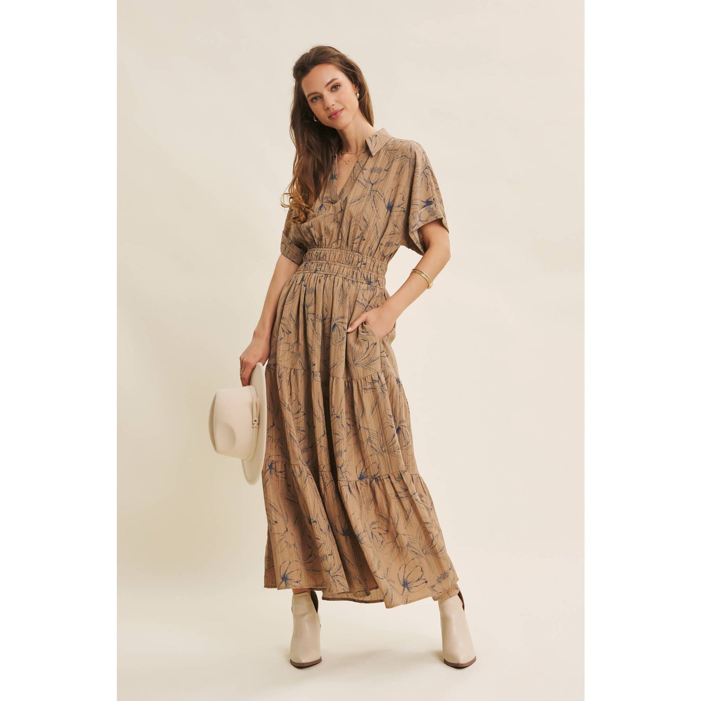 VINTAGE INSPIRED TEXTURED FLORAL MAXI DRESS WITH DOLMAN SLVS