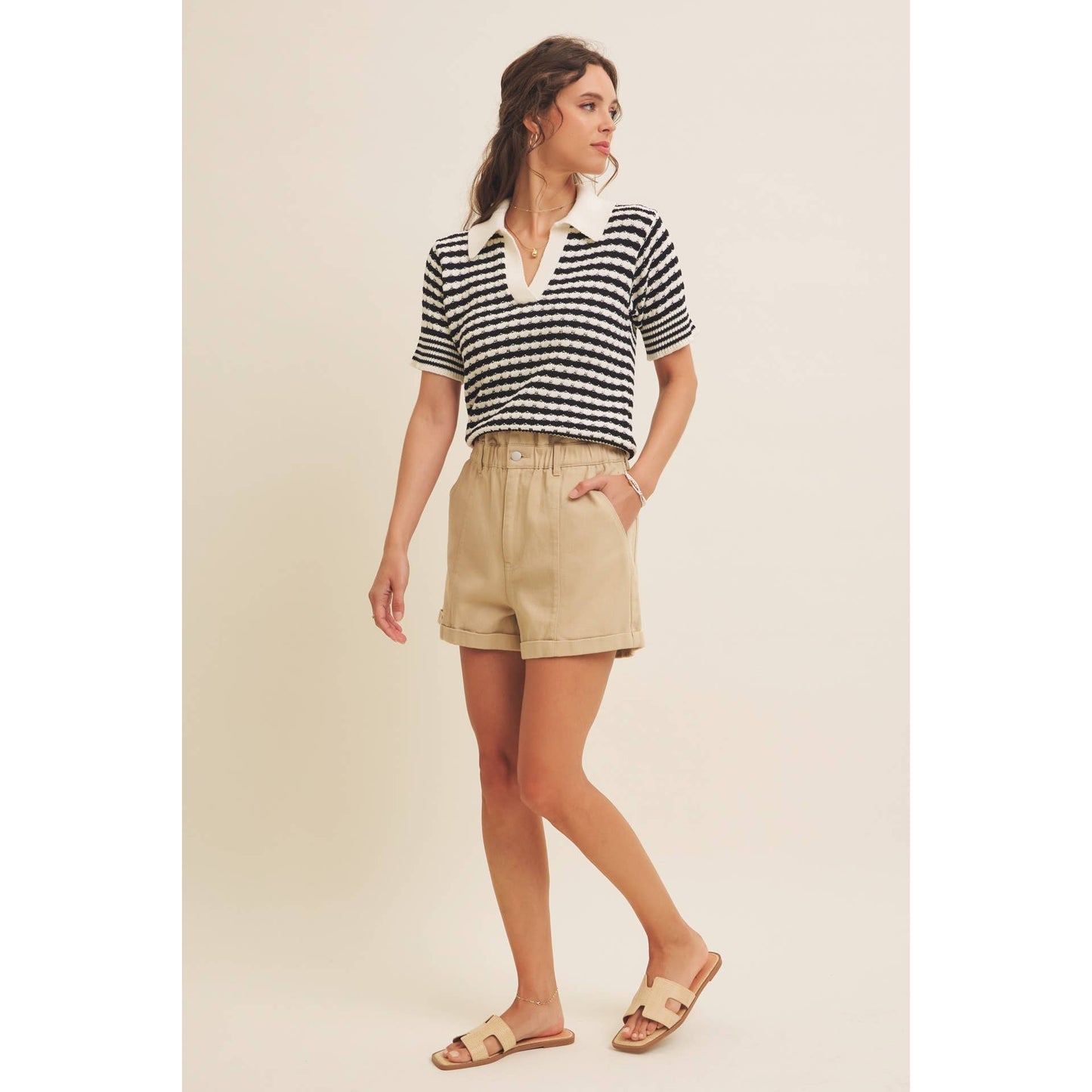 Textured Cotton Split-Neck Short Sleeve Sweater