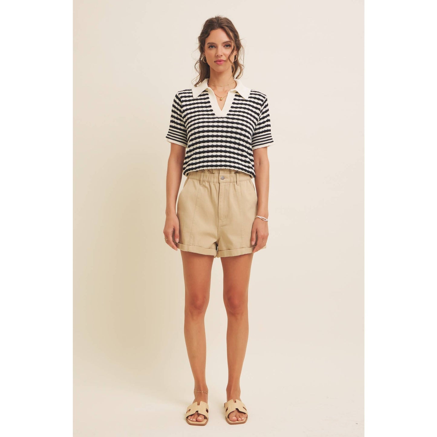 Textured Cotton Split-Neck Short Sleeve Sweater
