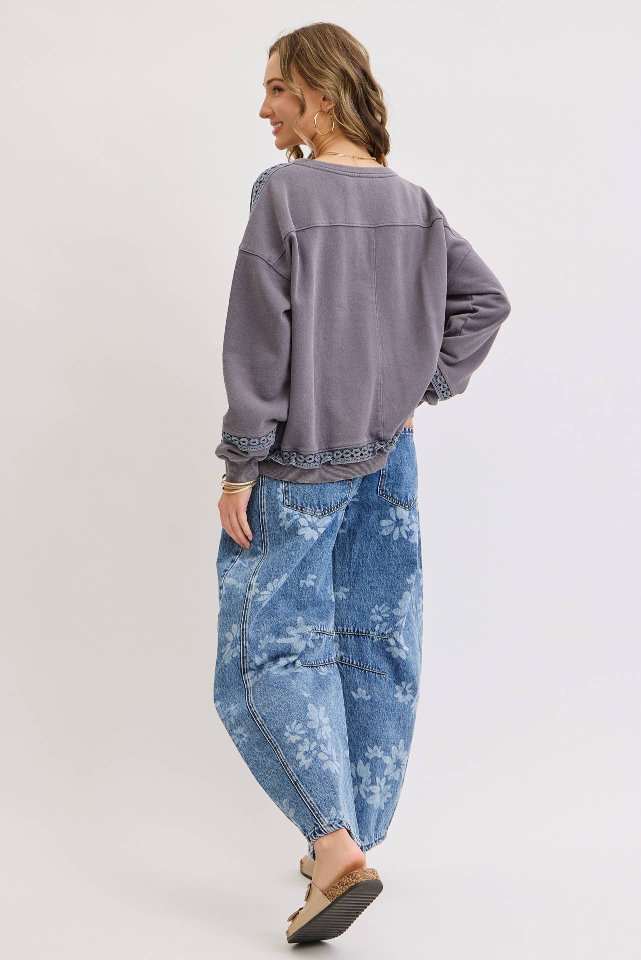 Floral Print Denim Barrell Jeans