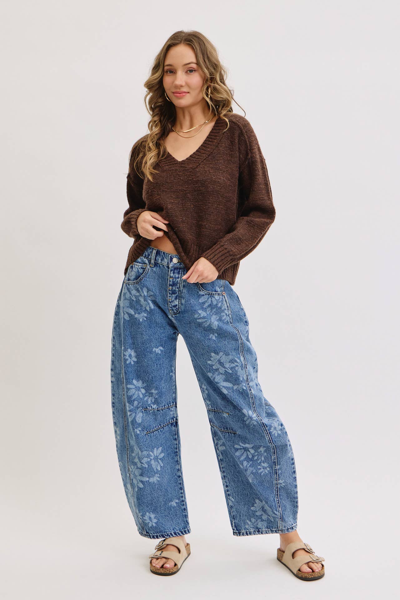 Floral Print Denim Barrell Jeans
