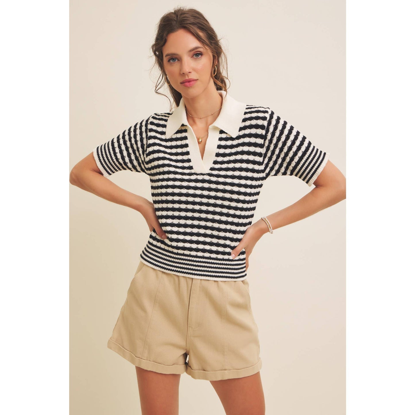 Textured Cotton Split-Neck Short Sleeve Sweater