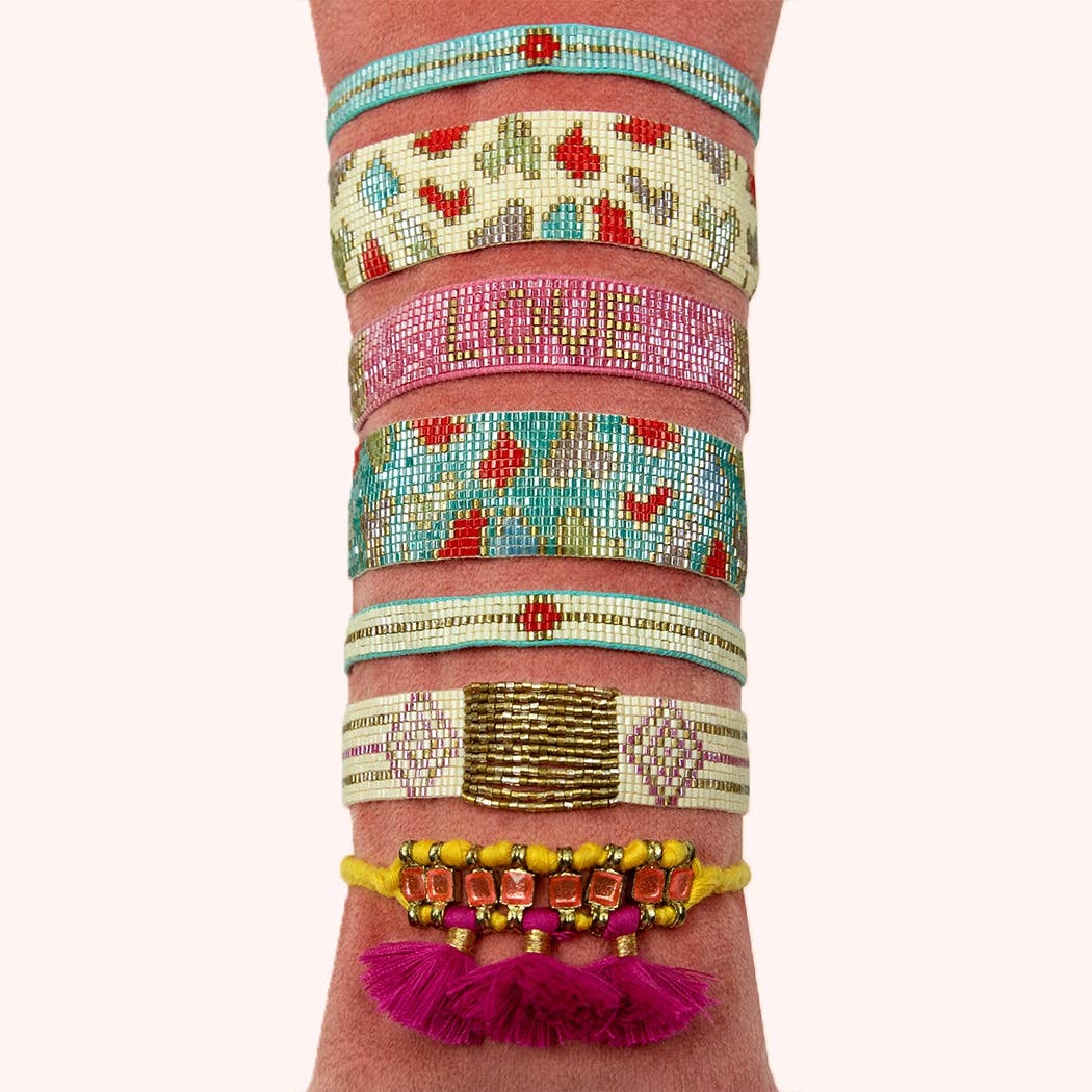 Beaded Bracelet Narrow - Aqua & Gold with Diamond