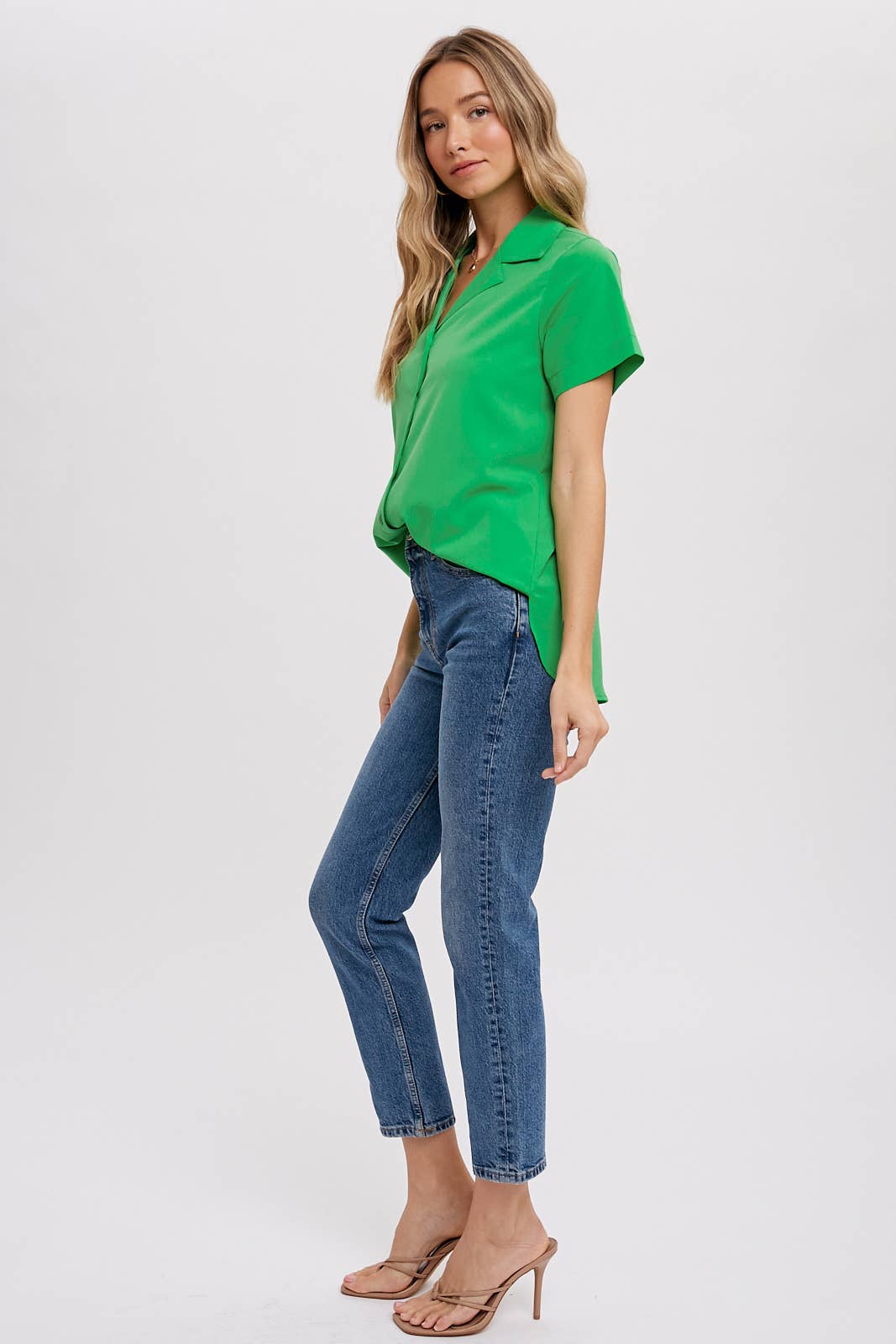 Notch Collar Short Sleeve Button Down Top