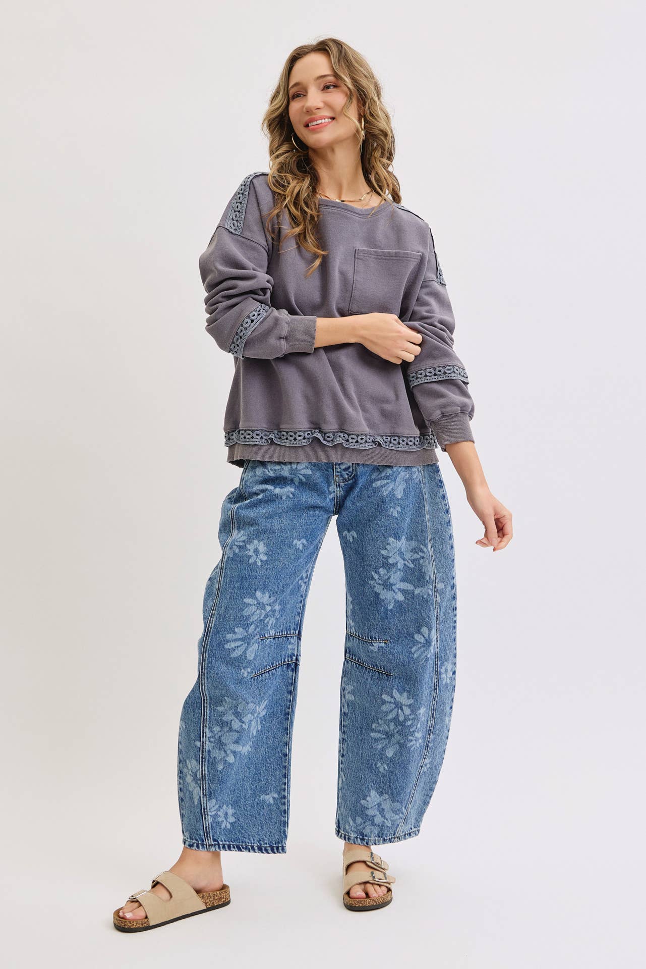 Floral Print Denim Barrell Jeans