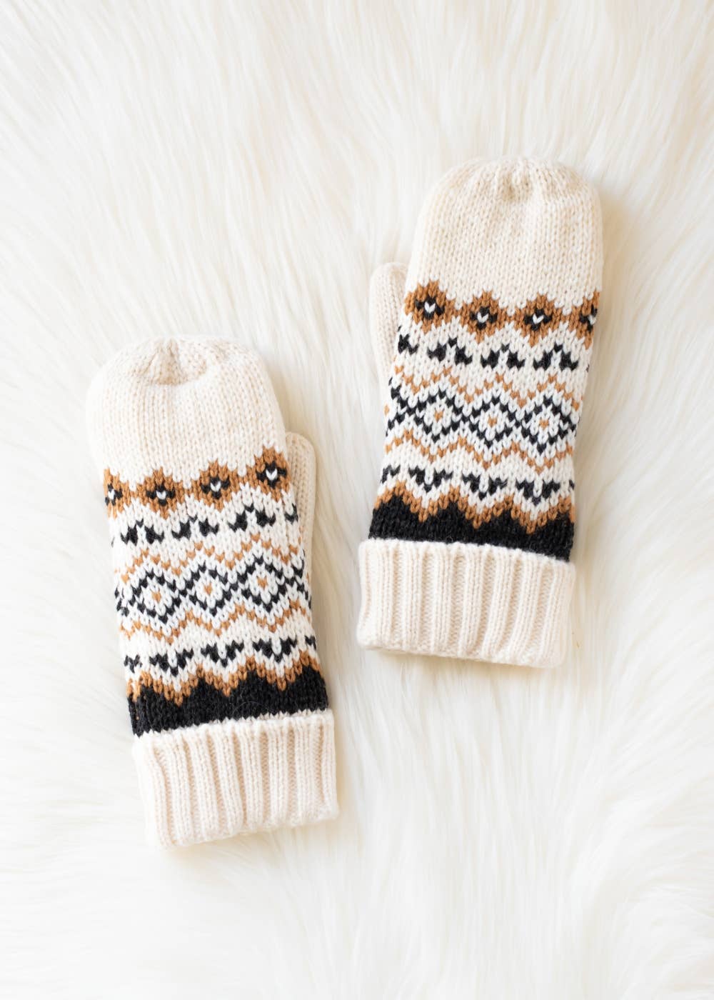 Cream, Black & Camel Patterned Mittens