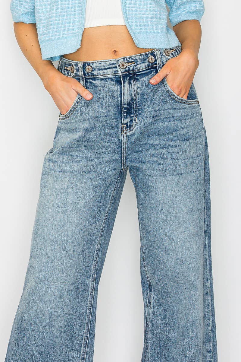 Adjustable Waistband High Rise Baggy Wide Jeans