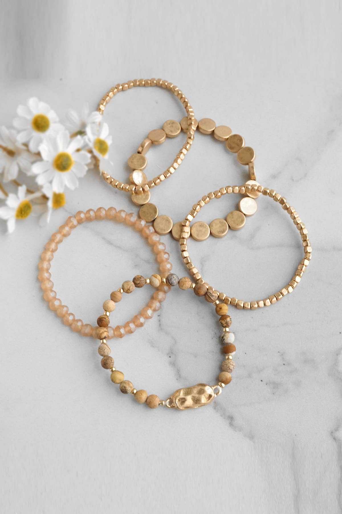 5 piece Boho Beaded Bracelet Stack Semi precious glass beads