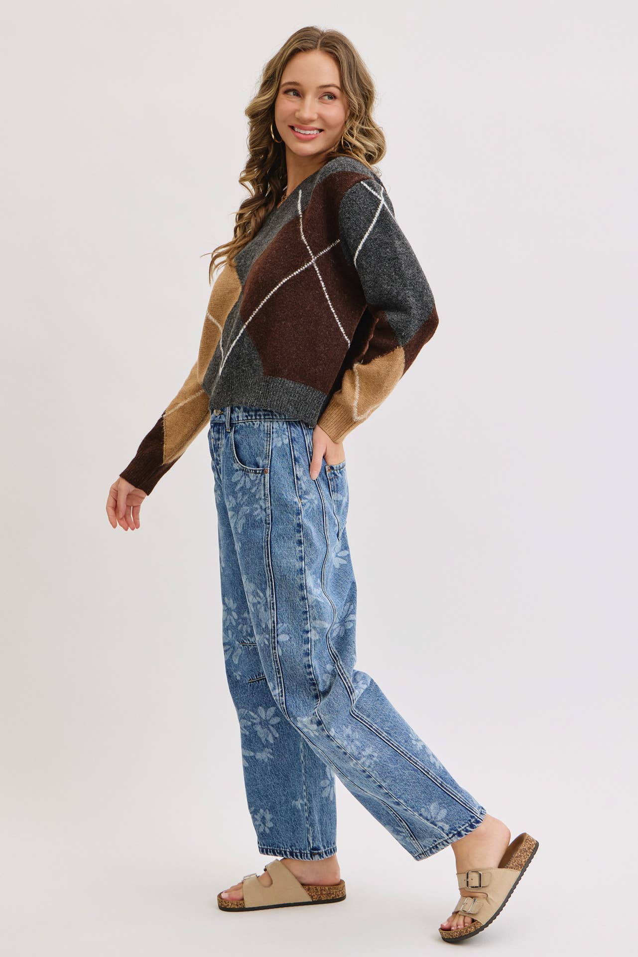 Floral Print Denim Barrell Jeans