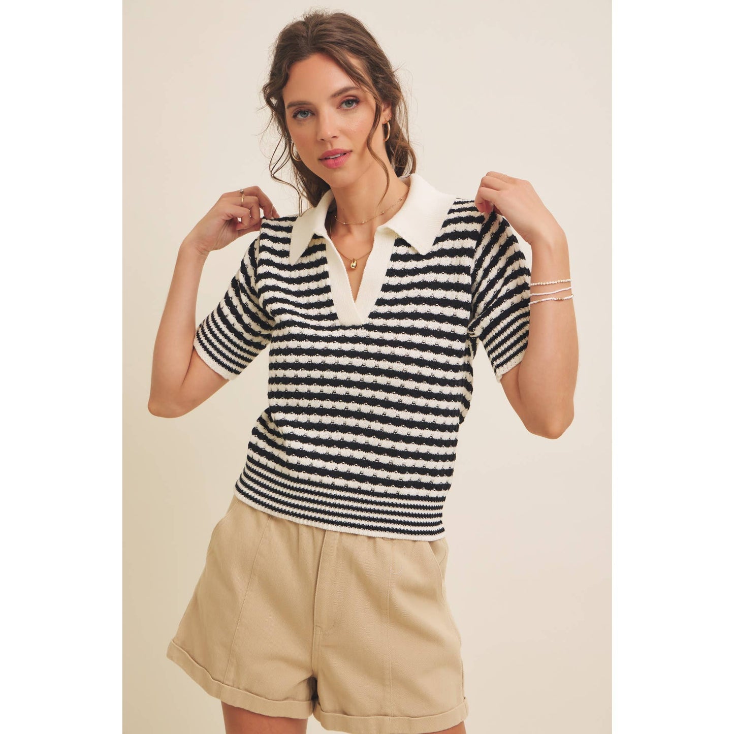 Textured Cotton Split-Neck Short Sleeve Sweater