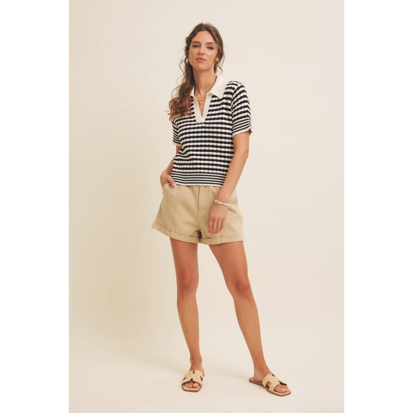 Textured Cotton Split-Neck Short Sleeve Sweater