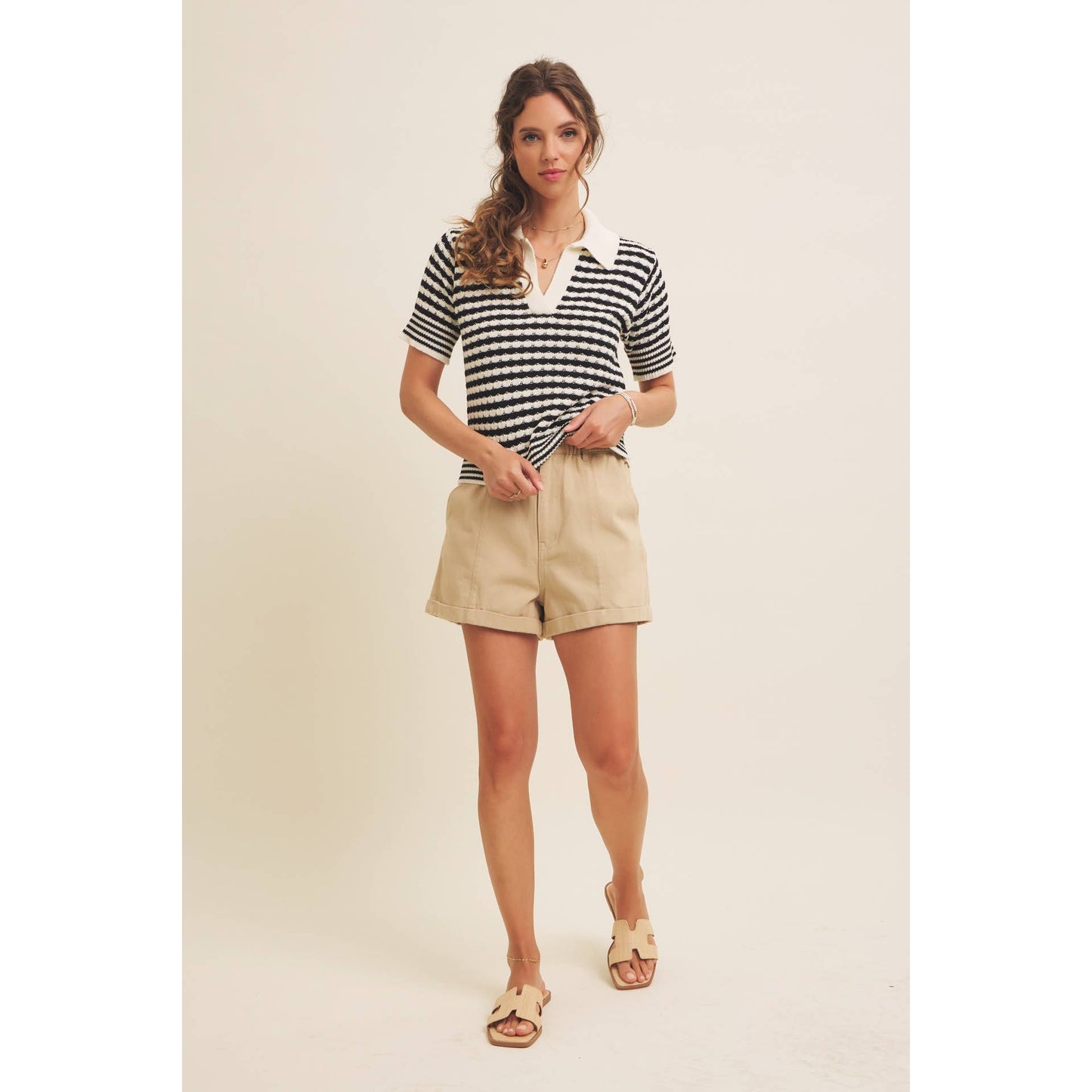 Textured Cotton Split-Neck Short Sleeve Sweater
