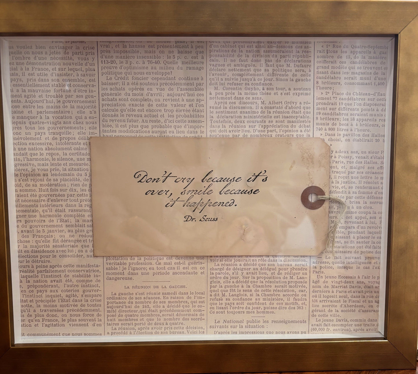 Antique calligraphy print of Dr. Seuss Quote in Gold Shadow Box