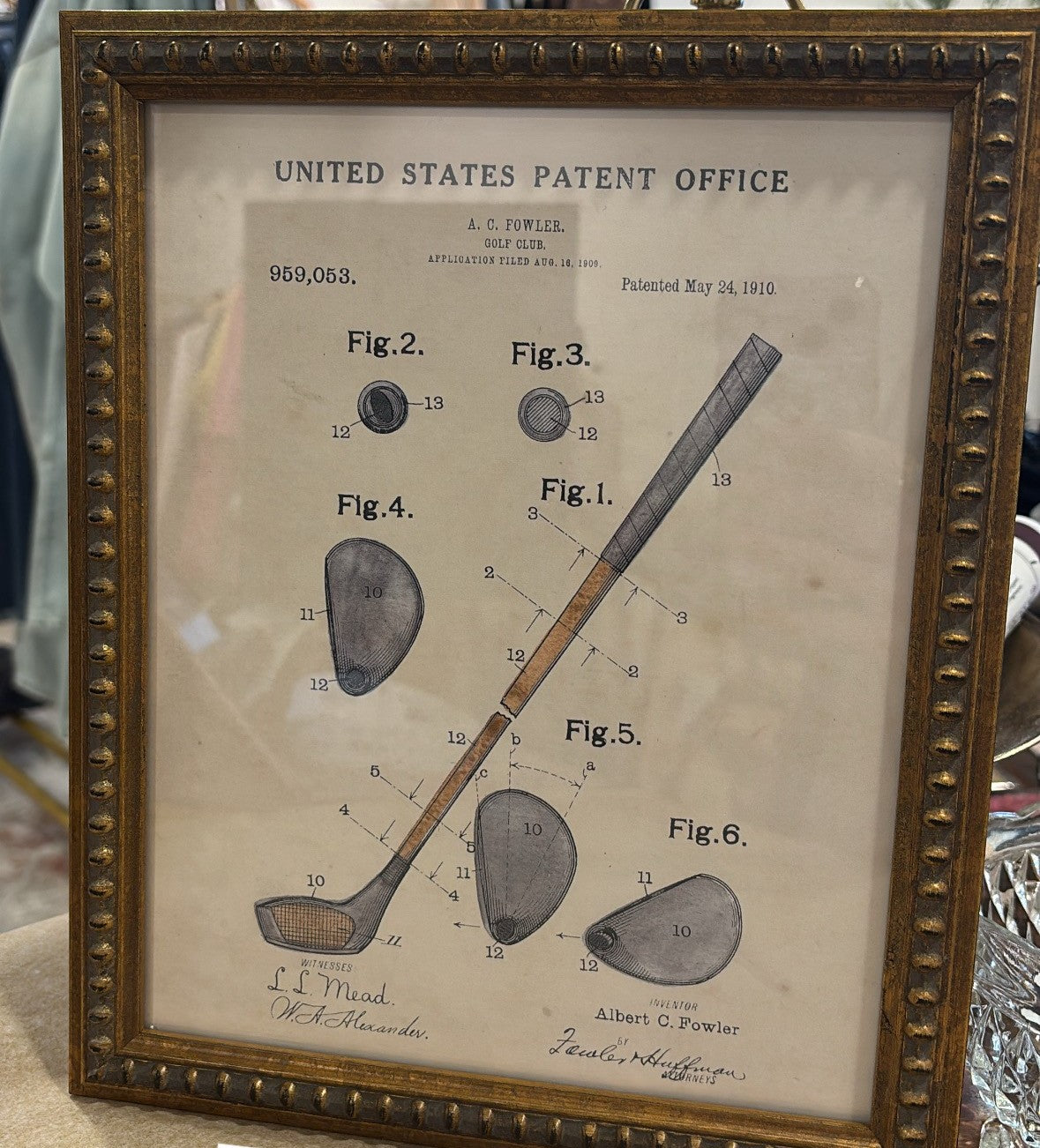 Watercolor Golf Club Patent in Antiqued Gold Frame