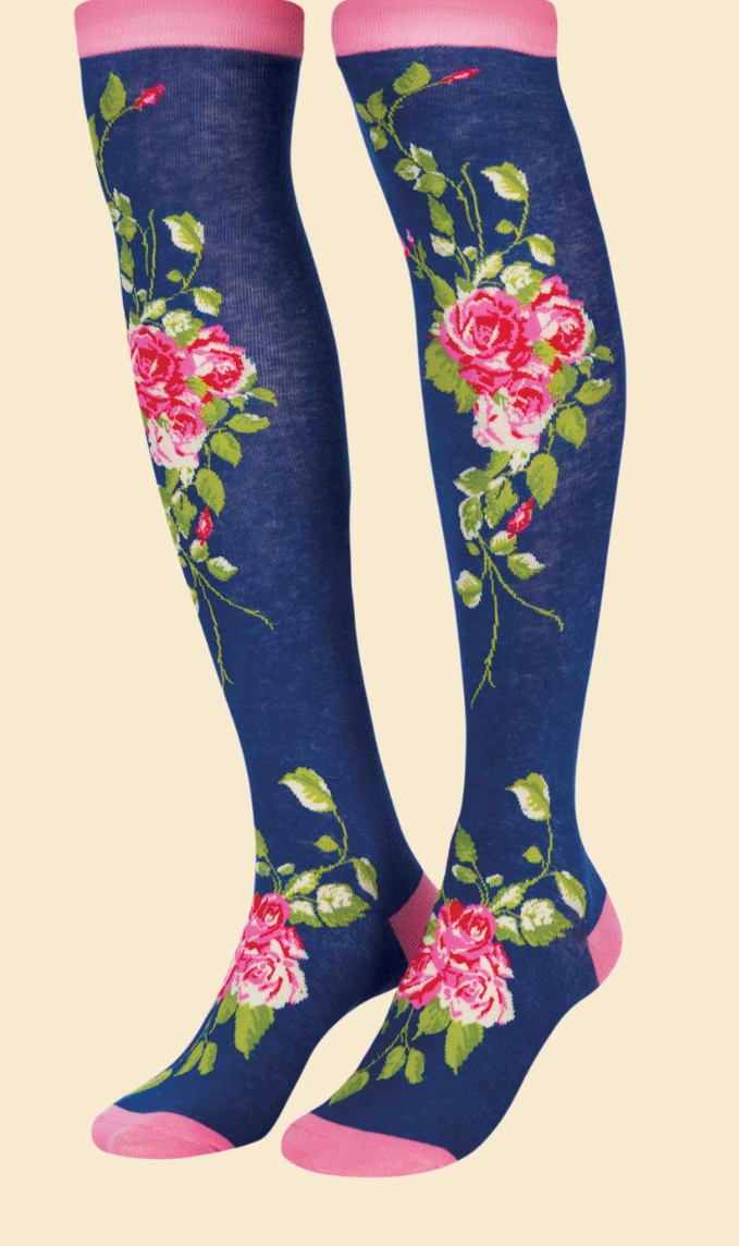 Floral Vines Long Socks - Navy