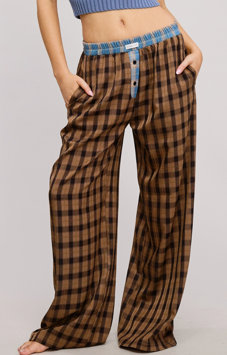 Contrast Waistband Boxer Style Plaid Flowy Pants