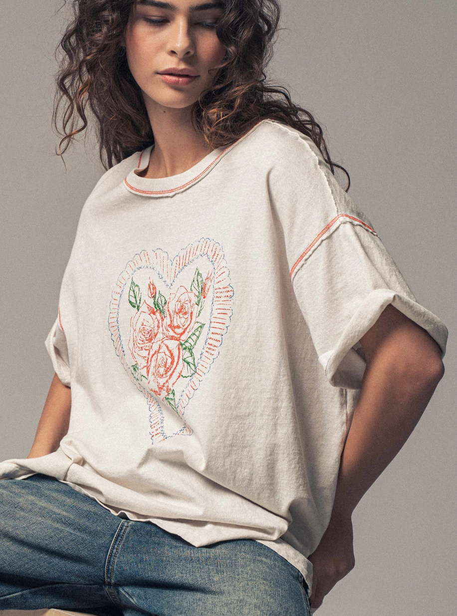 Vintage Rose Heart Floral Oversized Graphic Tee